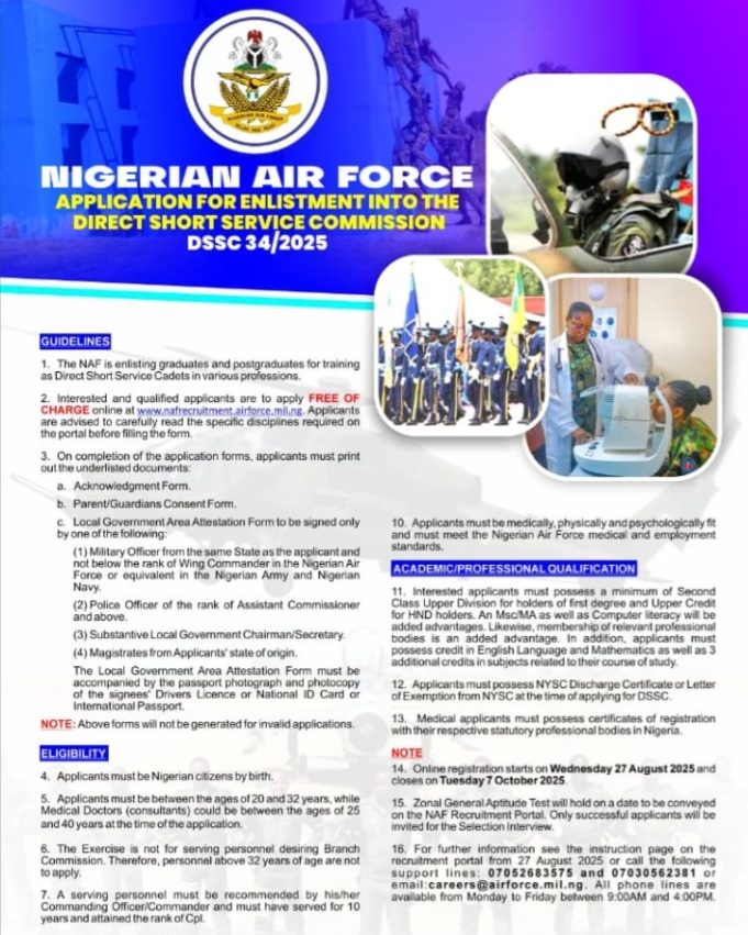 Nigerian Air Force Opens DSSC 34/2025 Recruitment, Applications Free