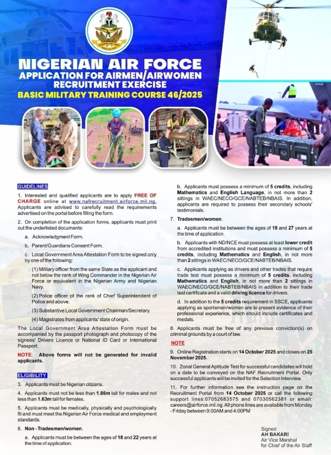 Nigerian Air Force Opens Recruitment For Airmen and Airwomen Training Course 46/2025