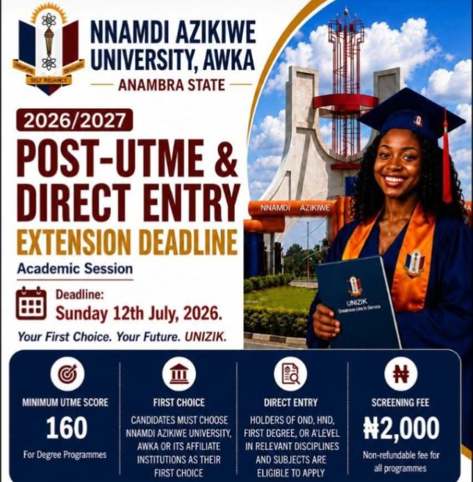 UNIZIK Extends Post-UTME, Direct Entry Registration Deadline To July 12
