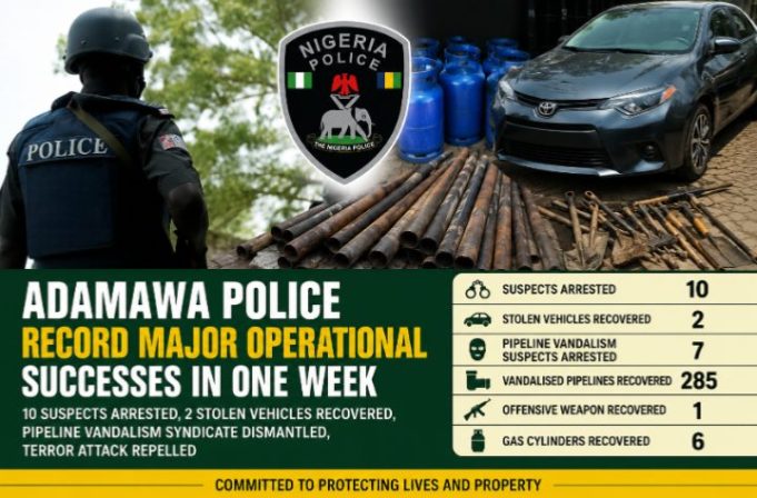 Adamawa Police Arrest 10 Suspects, Recover Stolen Vehicles, Foil Terror Attack In One Week